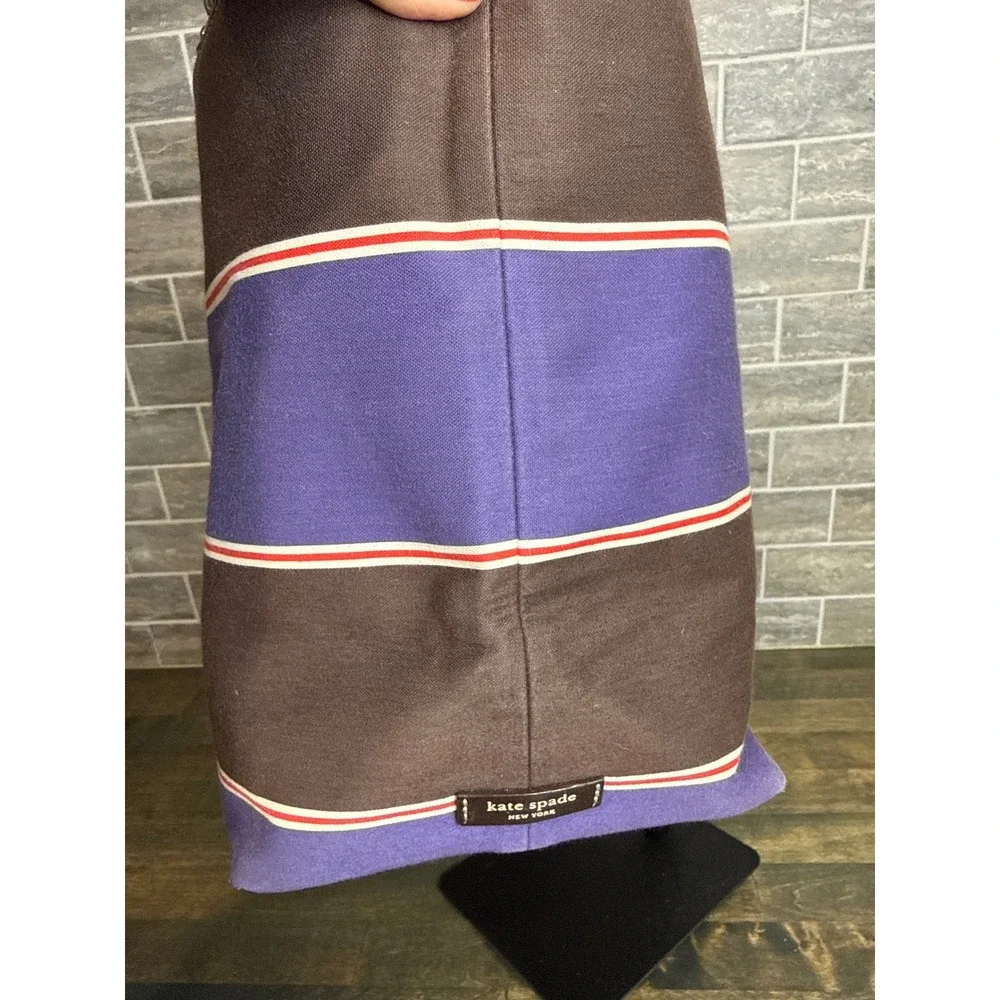 Kate Spade New York Striped Canvas Tote Bag Brown Purple Leather Trim Large